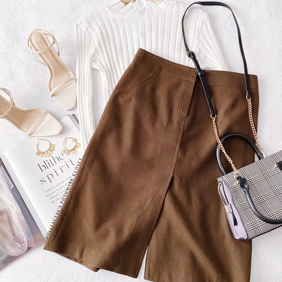 Parted Front & Back Brown Pencil Skirt - Picture 2 of 10